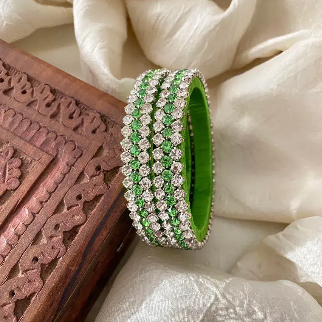 3 Line Stone Silk Thread Kundan Bangles - Green White